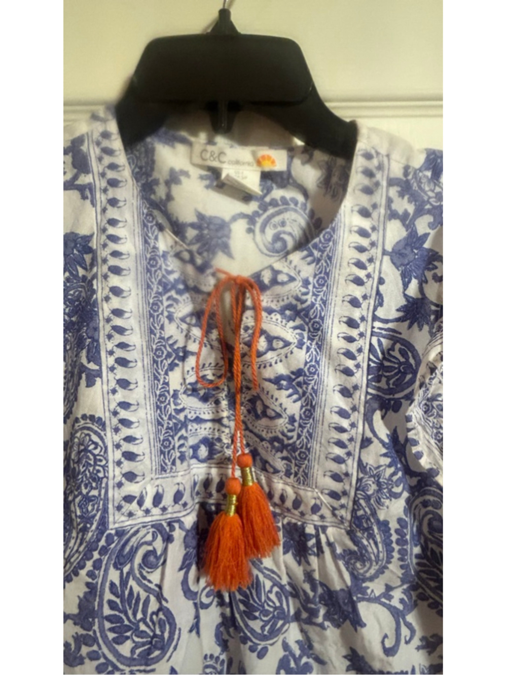 C&C California Paisley Ruffle Sleeve Tassel Tie Boho Tank Top Blouse Blue White - Picture 4 of 5